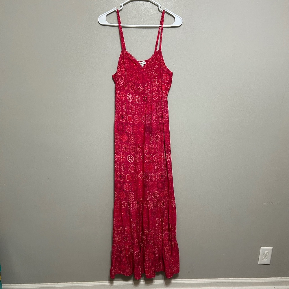 Francesca's Dress L Pink Maxi Geometric Spaghetti Strap Babydoll V Neck Casual